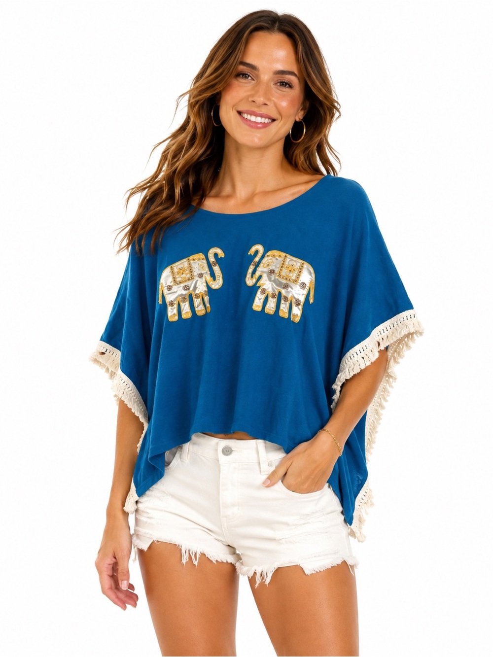 VaVa Appliqued Elephant, Blue Tunic Top, Angel Sleeve Poncho with Fringe, Size M